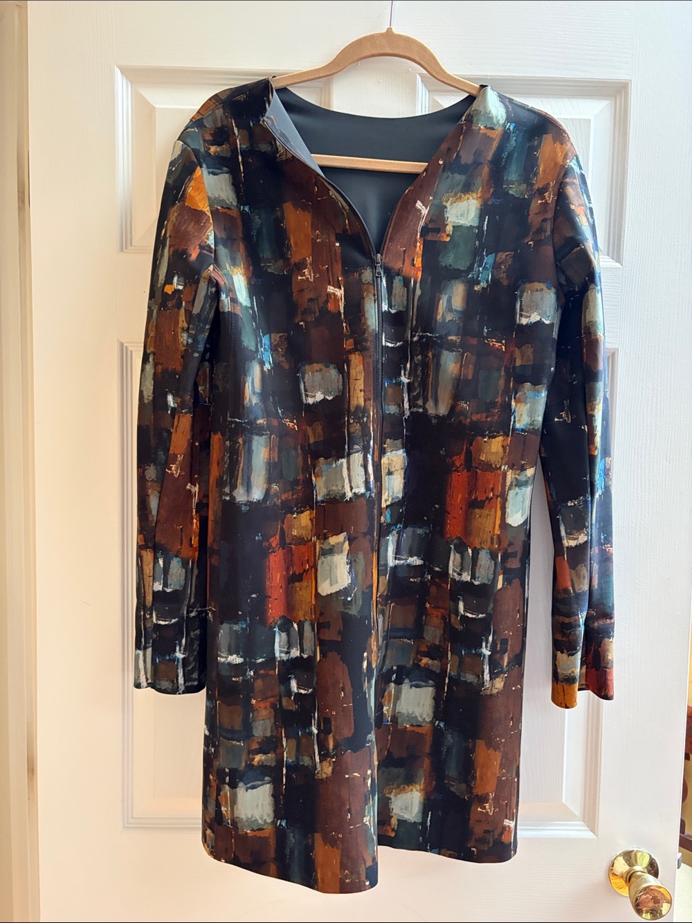 Abstract Print Zip-Front or back dress or coat Black & Multi. 35 in. long.